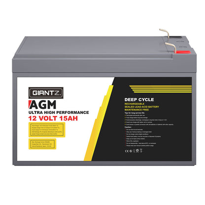 Giantz 12V 15Ah Deep Cycle AGM Battery - Portable, Maintenance-Free, 1400 Cycles