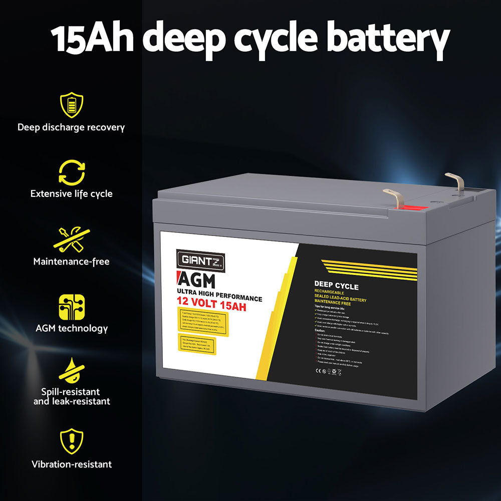 Giantz 12V 15Ah Deep Cycle AGM Battery - Portable, Maintenance-Free, 1400 Cycles