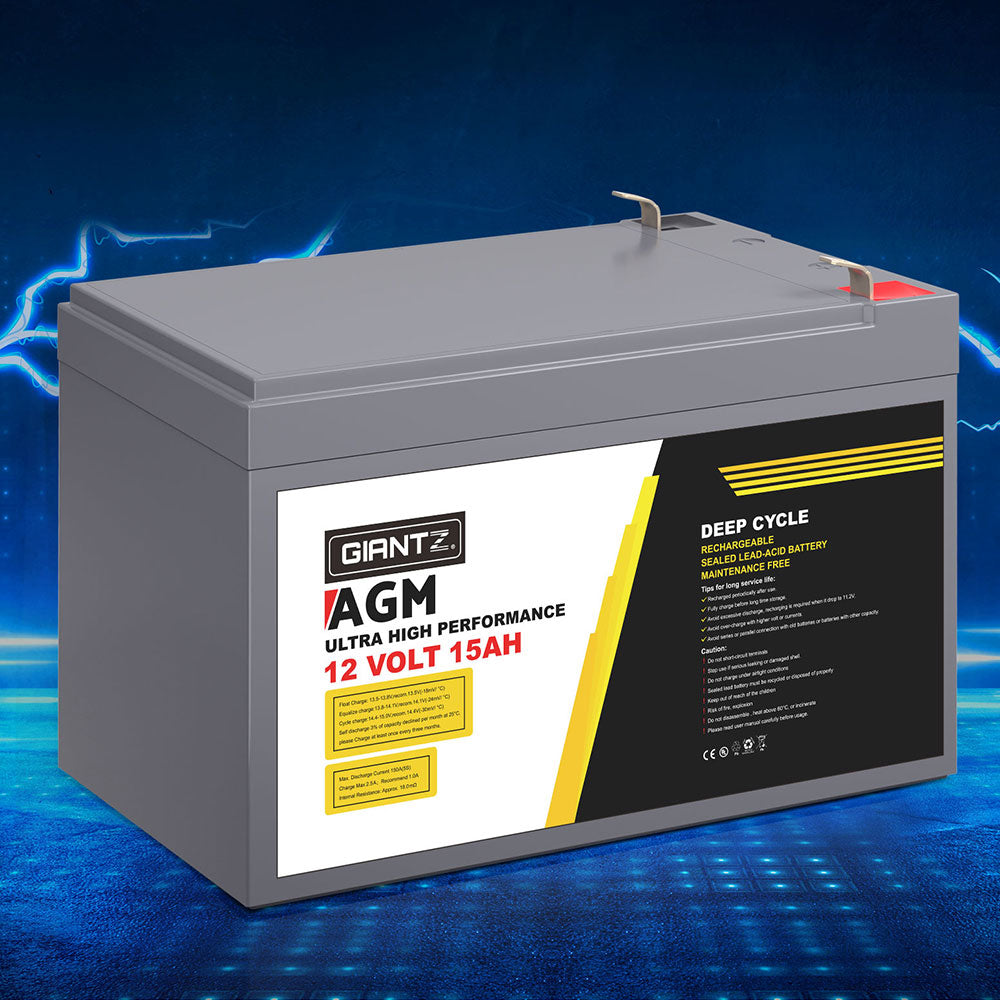 Giantz 12V 15Ah Deep Cycle AGM Battery - Portable, Maintenance-Free, 1400 Cycles