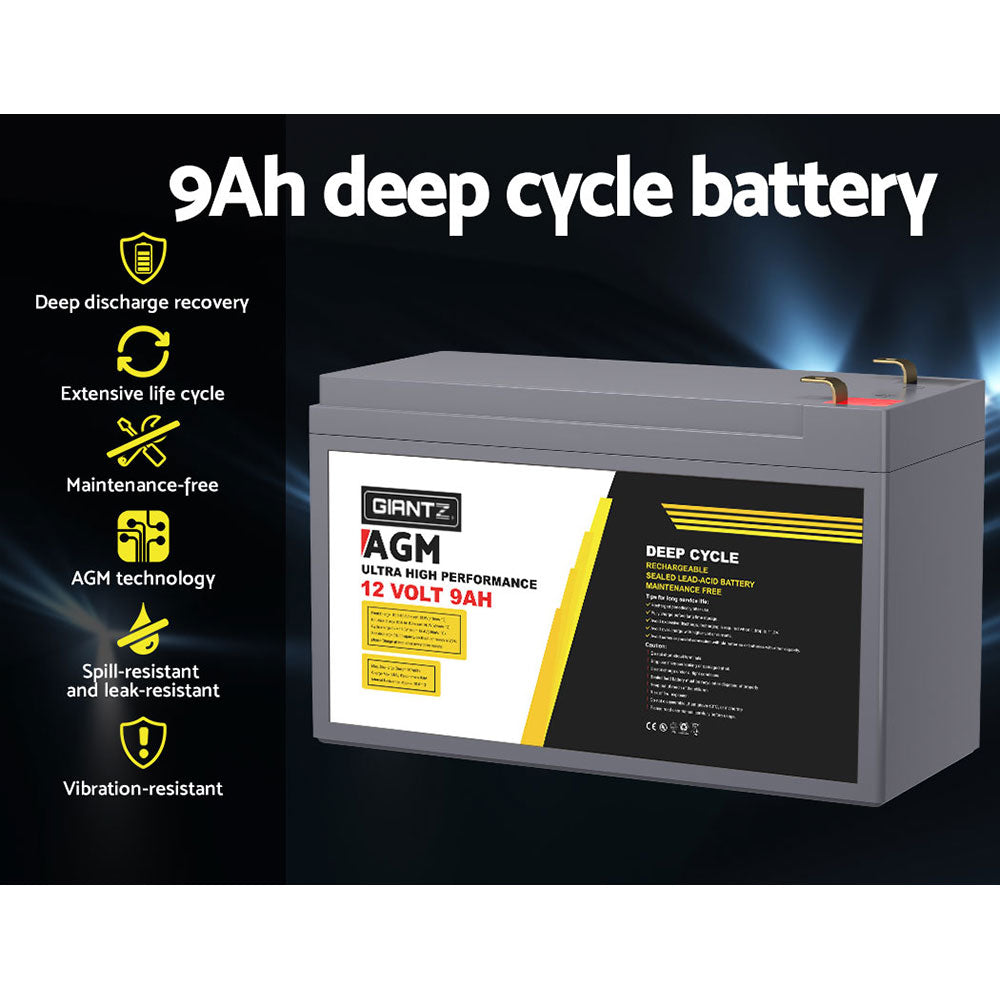Giantz 12V Deep Cycle Battery 9Ah - Portable, AGM, 1400 Cycles, Maintenance-Free