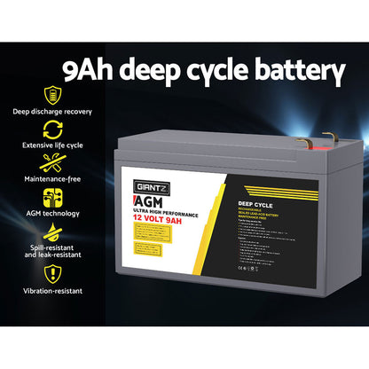 Giantz 12V Deep Cycle Battery 9Ah - Portable, AGM, 1400 Cycles, Maintenance-Free