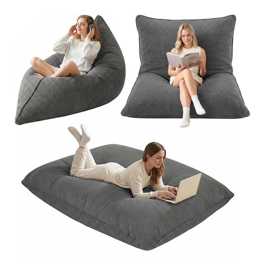 Artiss 3 in 1 Corduroy Bean Bag Chair Cover Grey