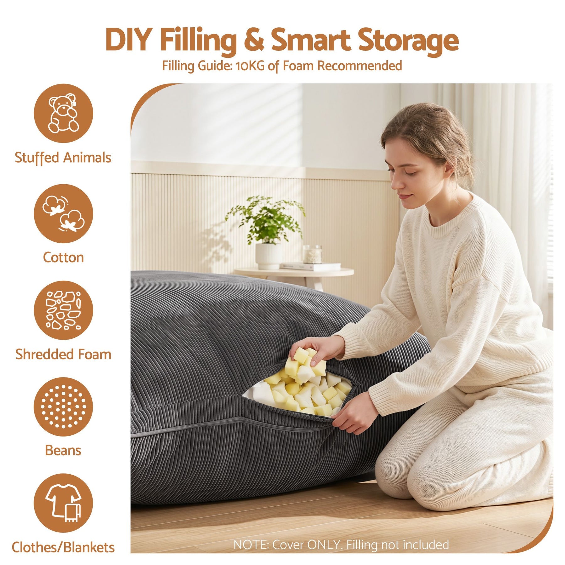 Artiss 3 in 1 Corduroy Bean Bag Chair Cover Grey
