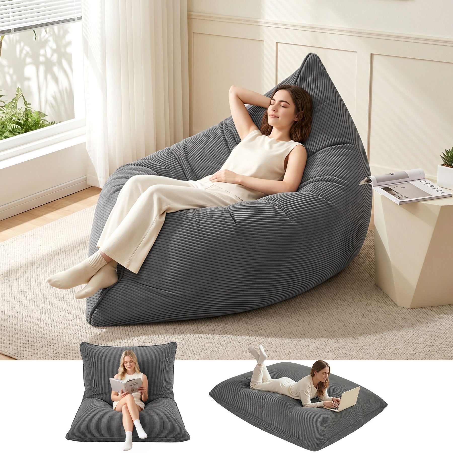 Artiss 3 in 1 Corduroy Bean Bag Chair Cover Grey