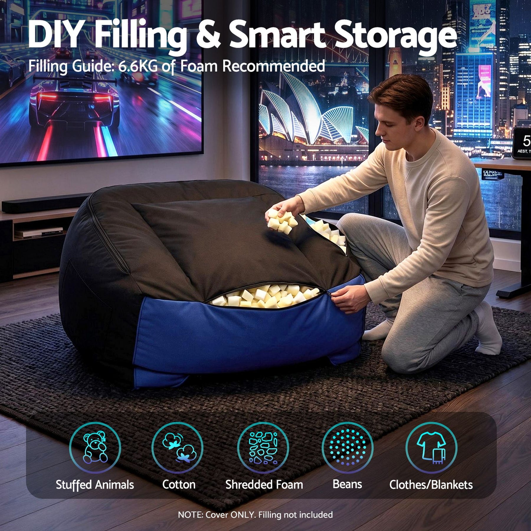 Artiss Gaming Bean Bag Chair Cover with Cup Holder - Blue & Black