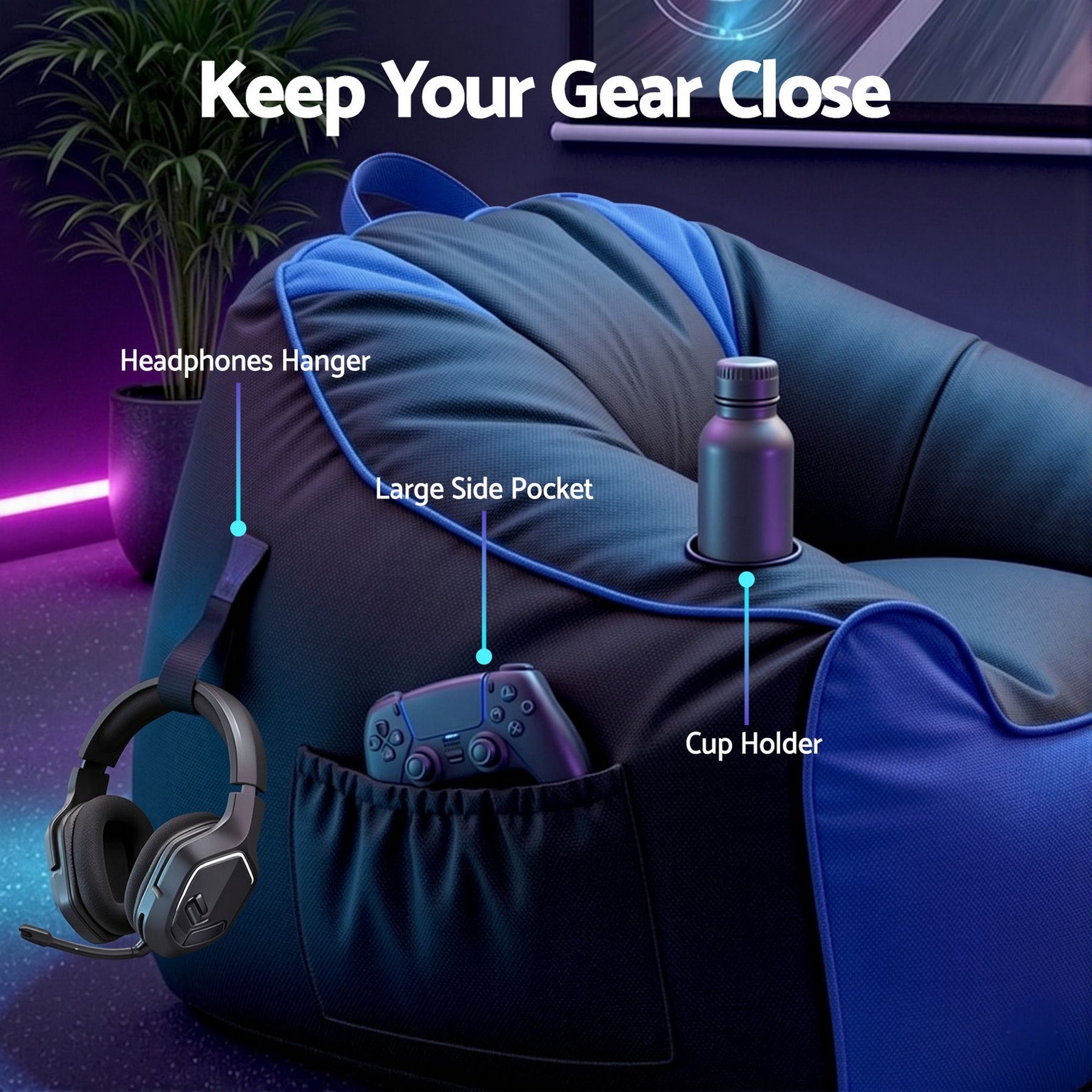 Artiss Gaming Bean Bag Chair Cover with Cup Holder - Blue & Black