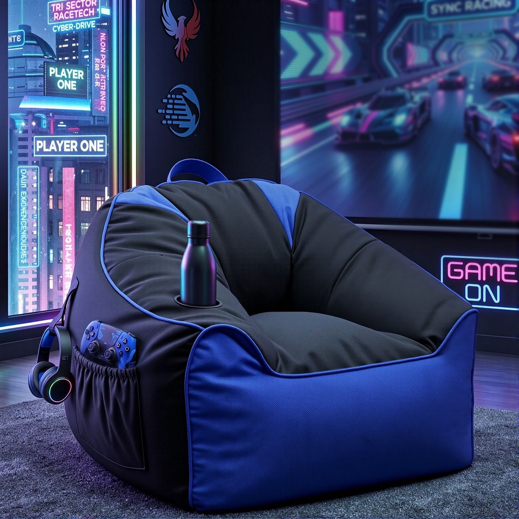 Artiss Gaming Bean Bag Chair Cover with Cup Holder - Blue & Black