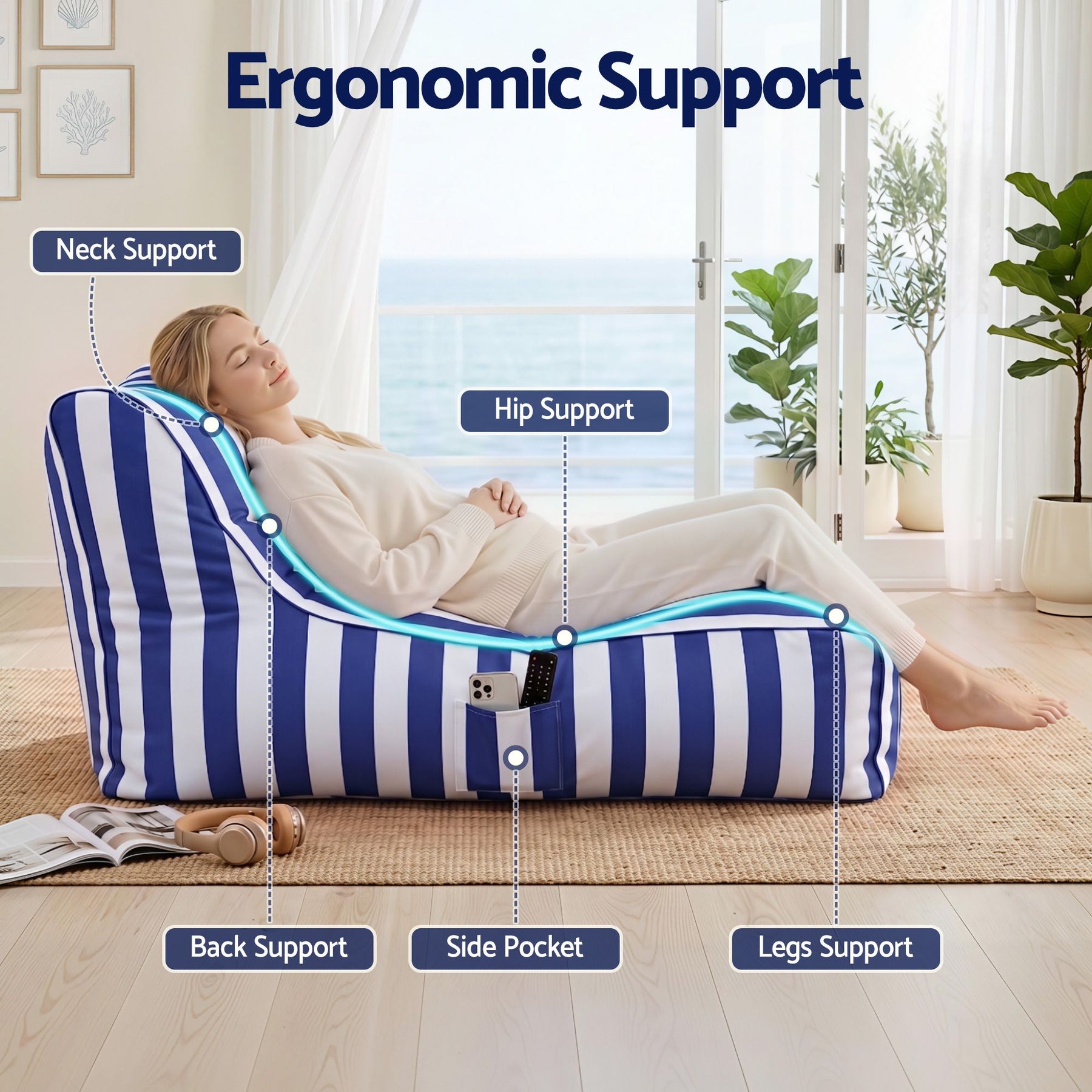 Artiss Outdoor L-Shaped Bean Bag Chair Cover - Blue & White