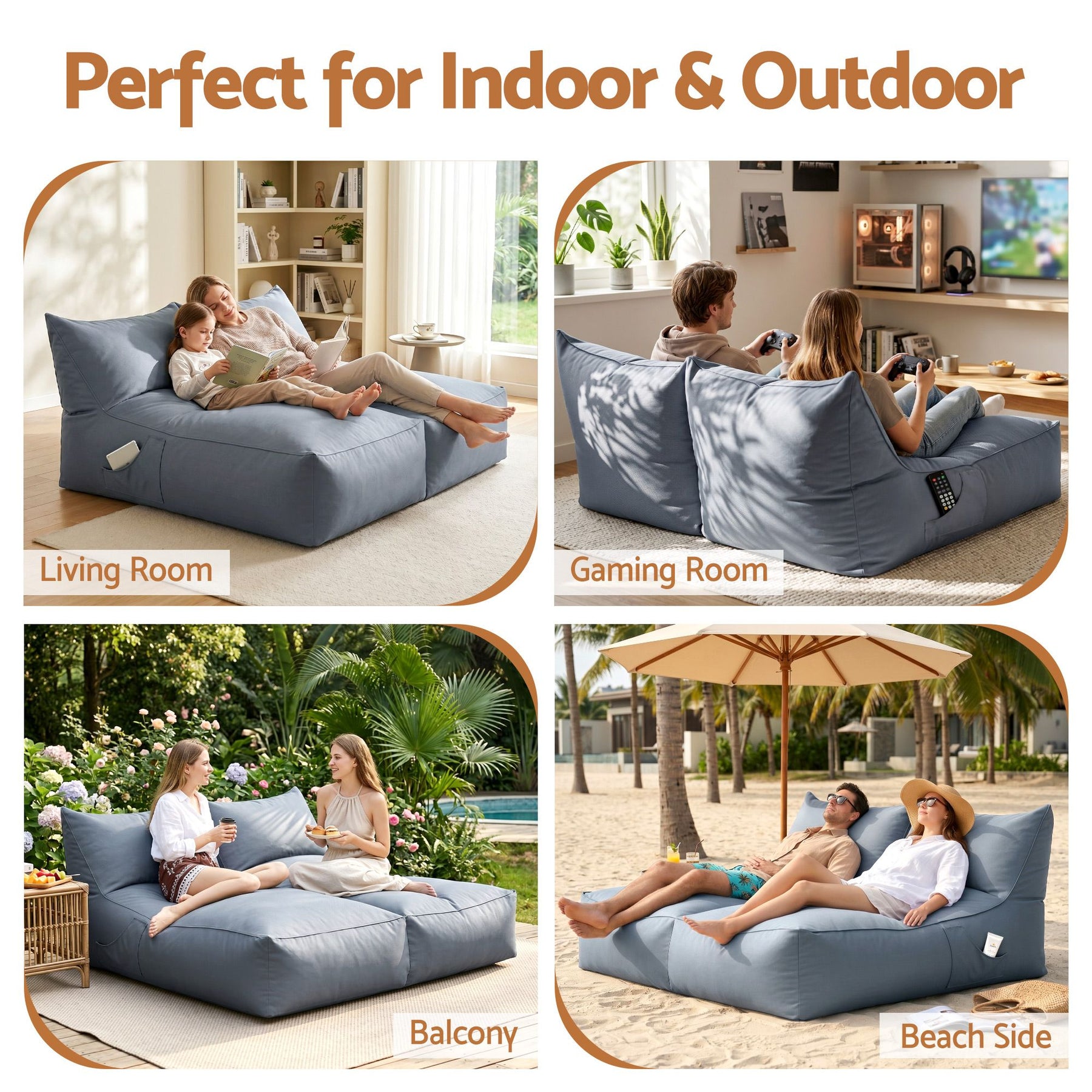 Artiss Outdoor 2 Seater Bean Bag Chair Cover Grey