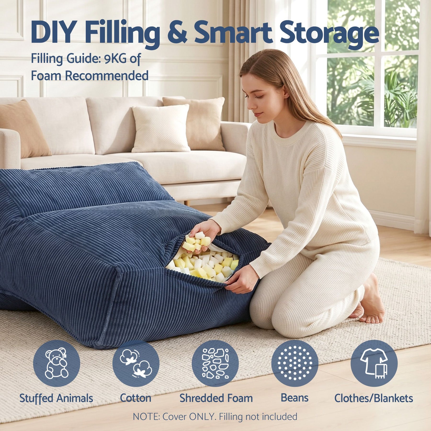 Artiss Corduroy L-Shaped Bean Bag Chair Cover - Blue