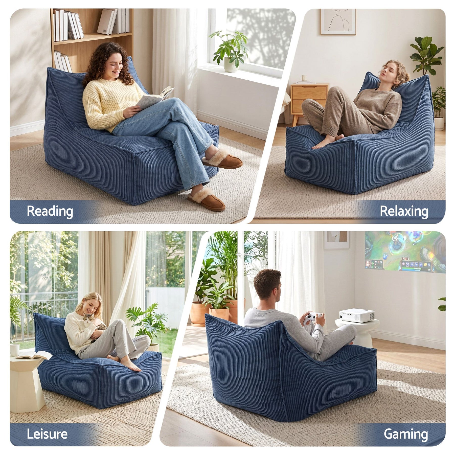 Artiss Corduroy L-Shaped Bean Bag Chair Cover - Blue