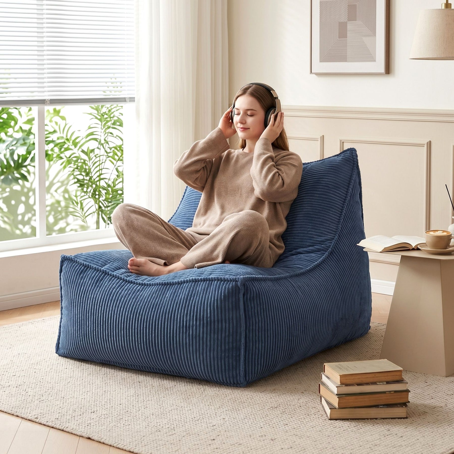Artiss Corduroy L-Shaped Bean Bag Chair Cover - Blue