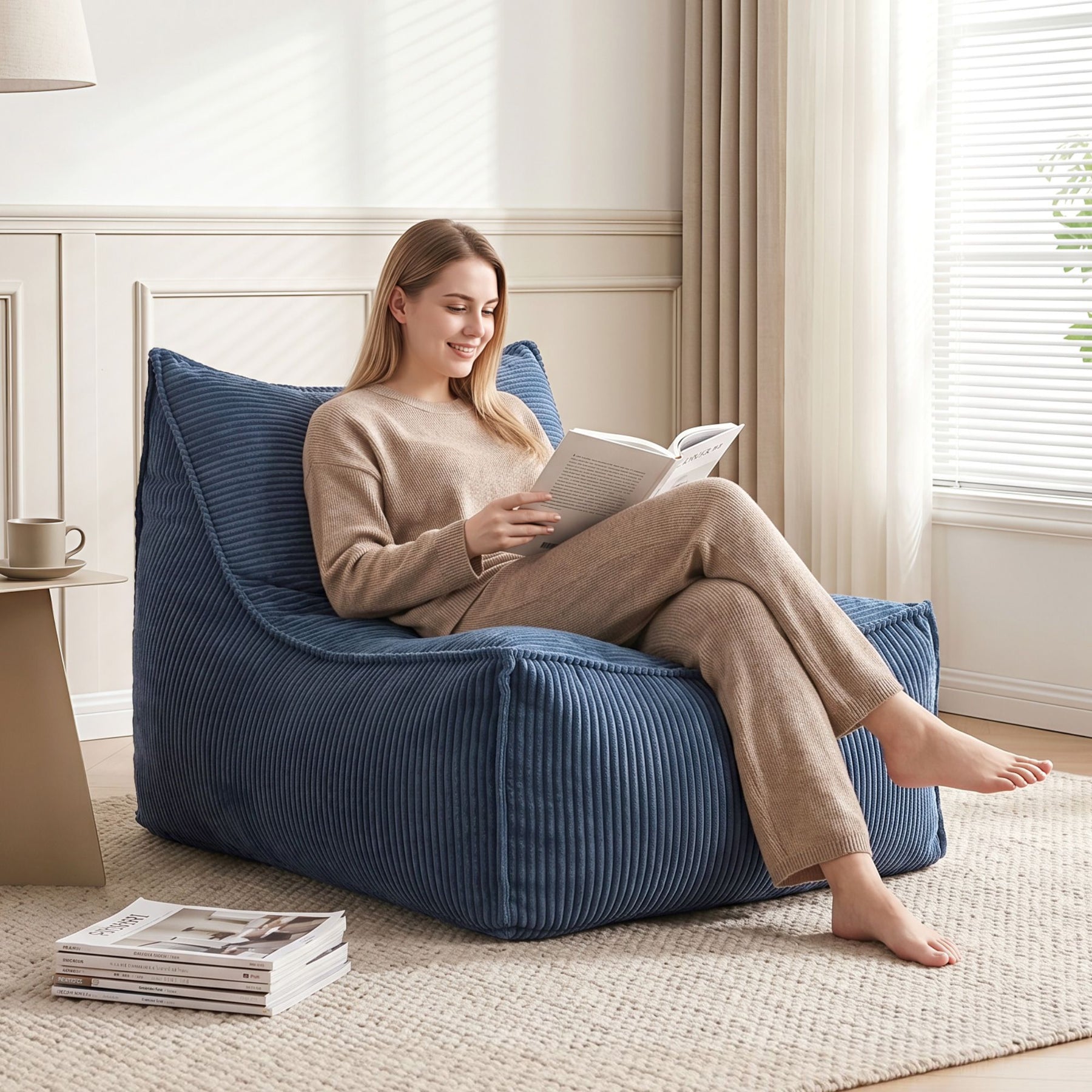 Artiss Corduroy L-Shaped Bean Bag Chair Cover - Blue