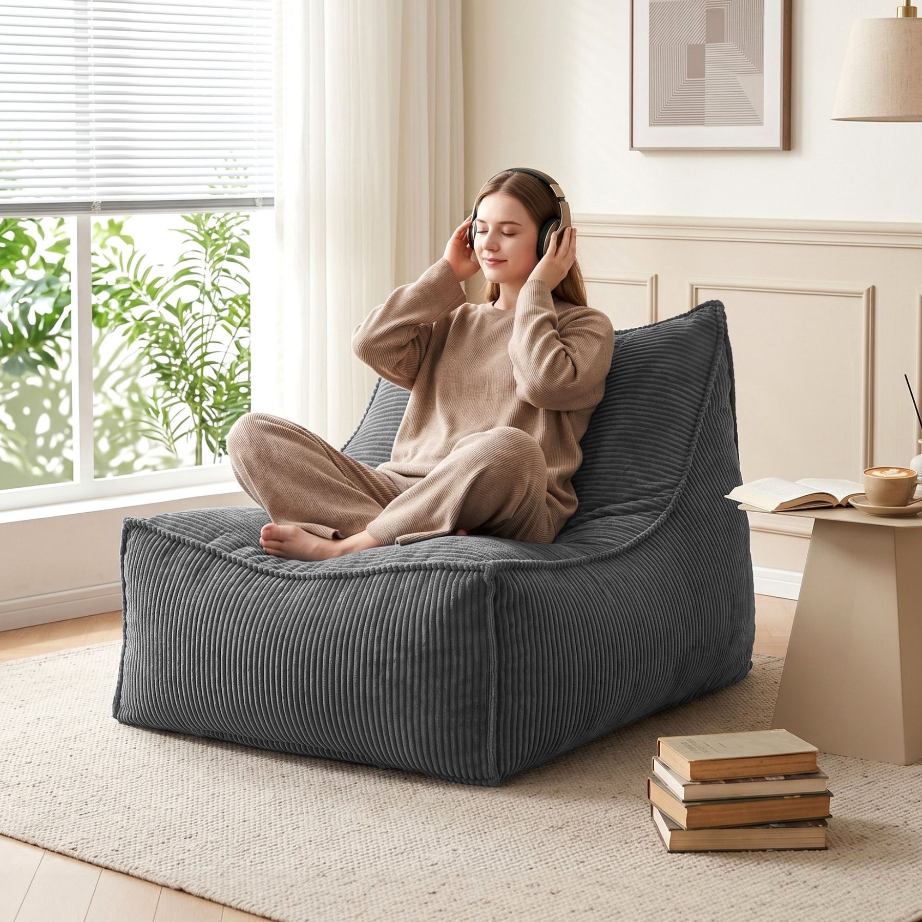 Artiss Corduroy L-Shaped Bean Bag Chair Cover - Grey