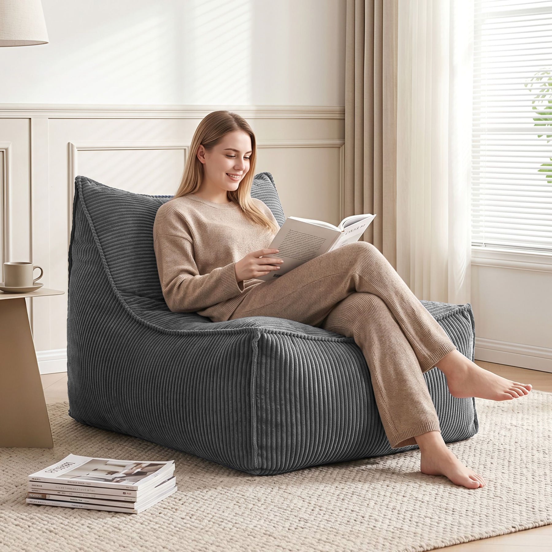 Artiss Corduroy L-Shaped Bean Bag Chair Cover - Grey
