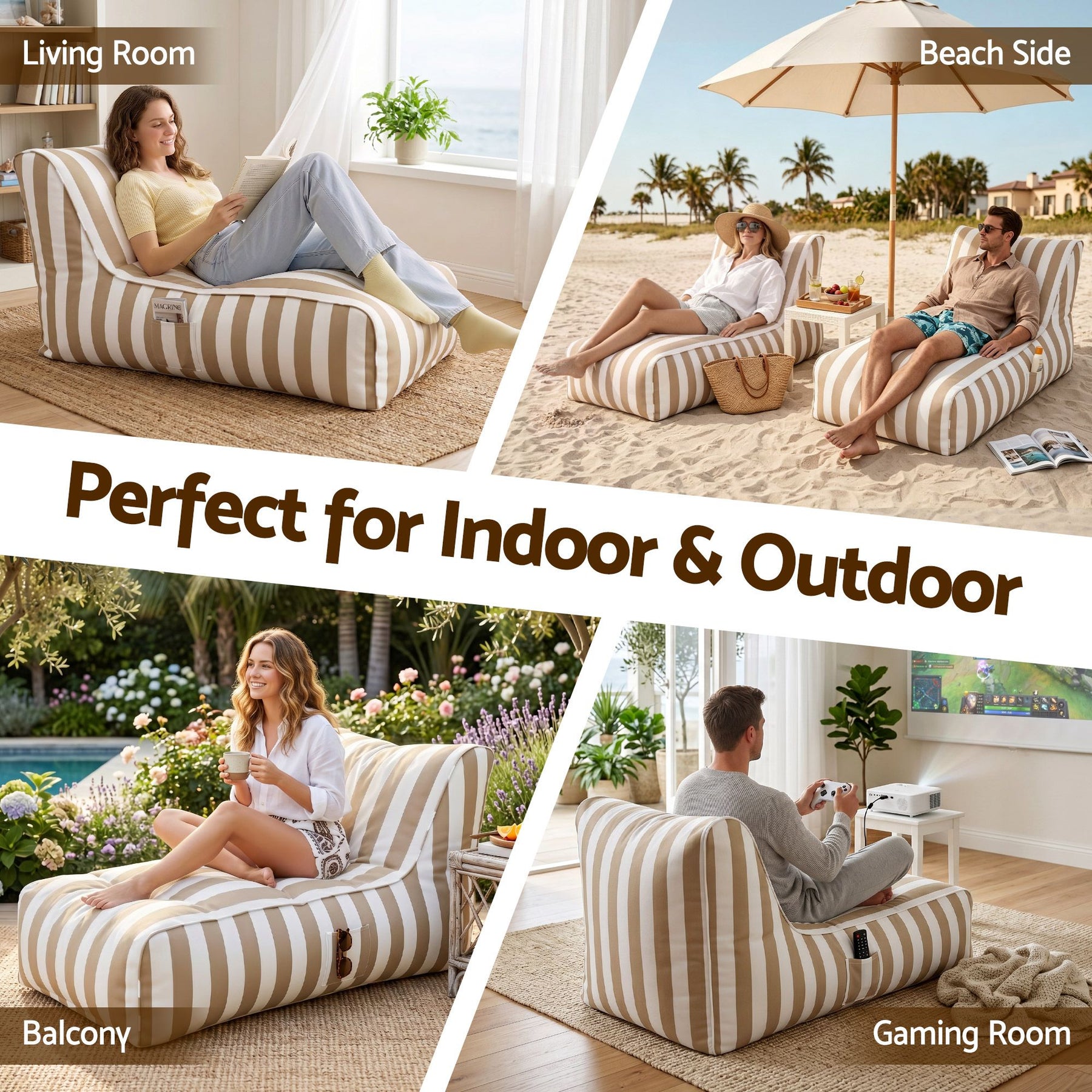 Artiss Outdoor L-Shaped Bean Bag Chair Cover - Taupe & White