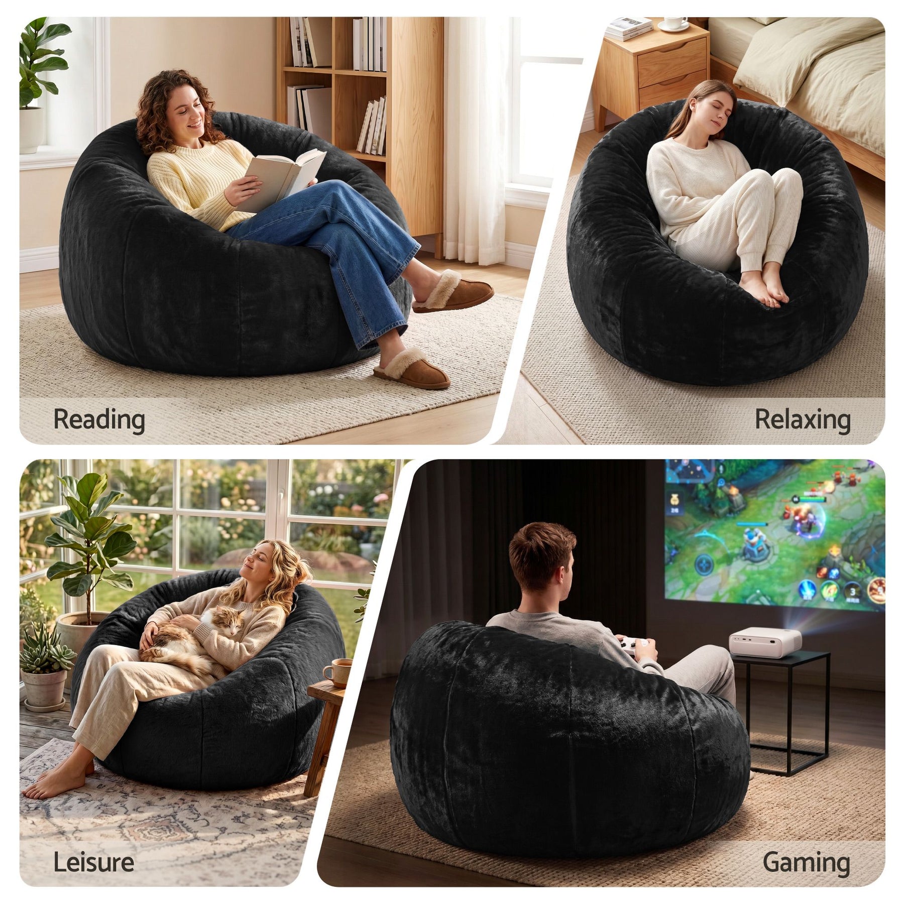 Artiss Faux Fur Round Bean Bag Chair Cover - Black