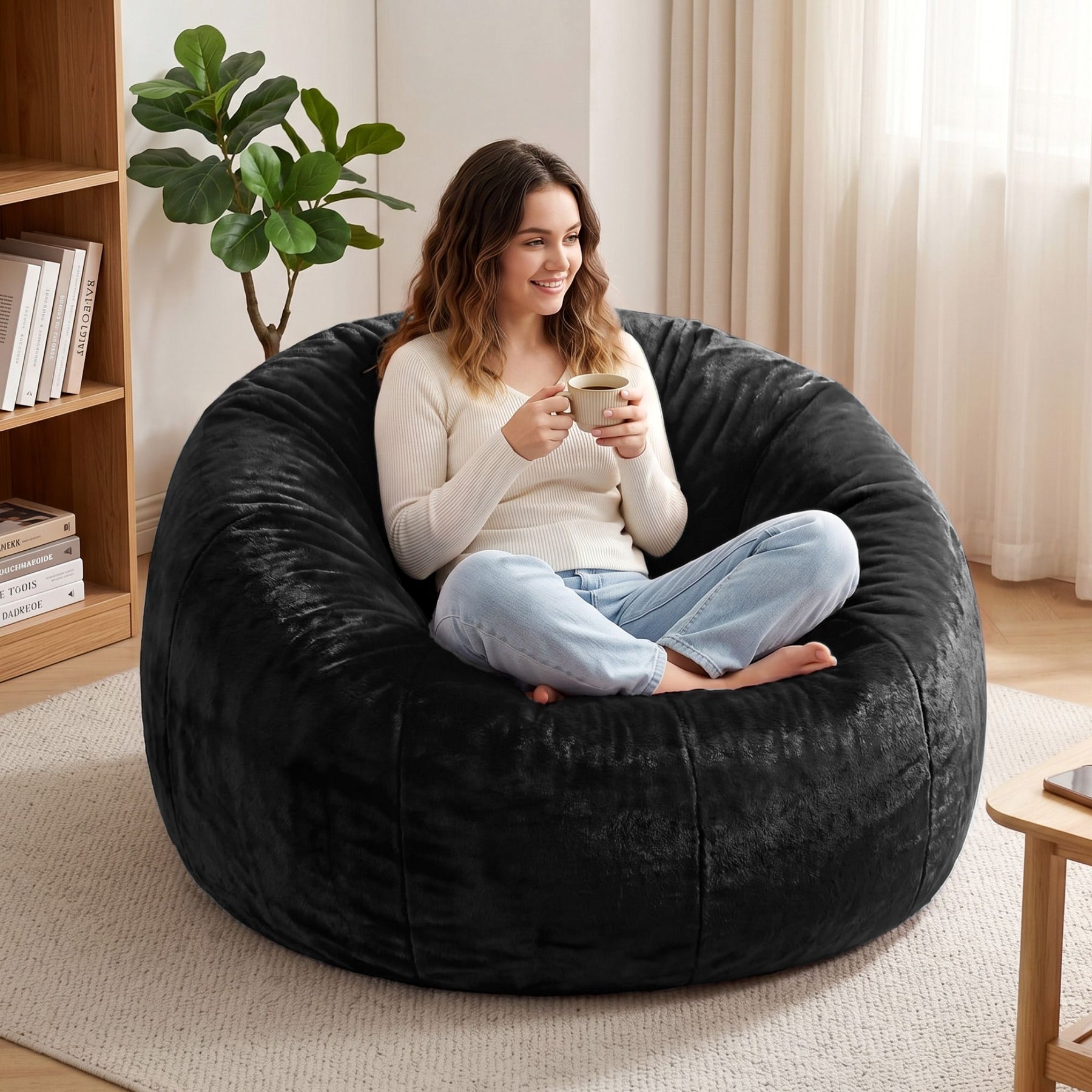 Artiss Faux Fur Round Bean Bag Chair Cover - Black
