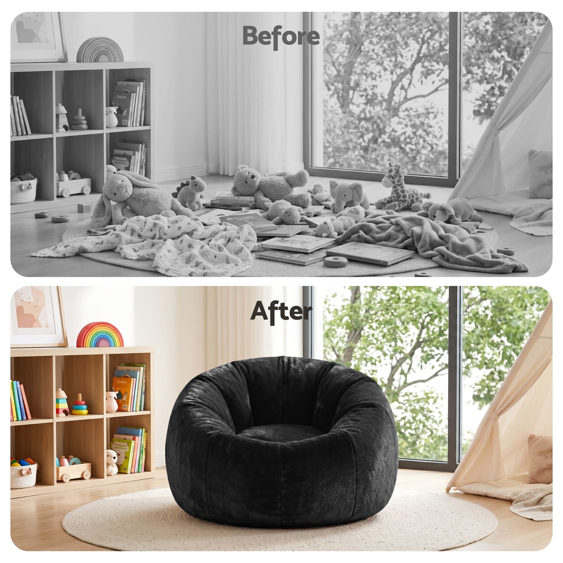 Artiss Faux Fur Round Bean Bag Chair Cover - Black