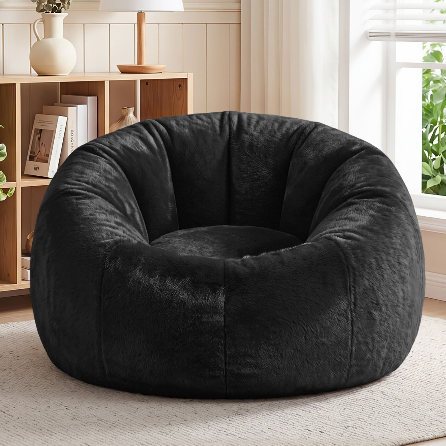 Artiss Faux Fur Round Bean Bag Chair Cover - Black