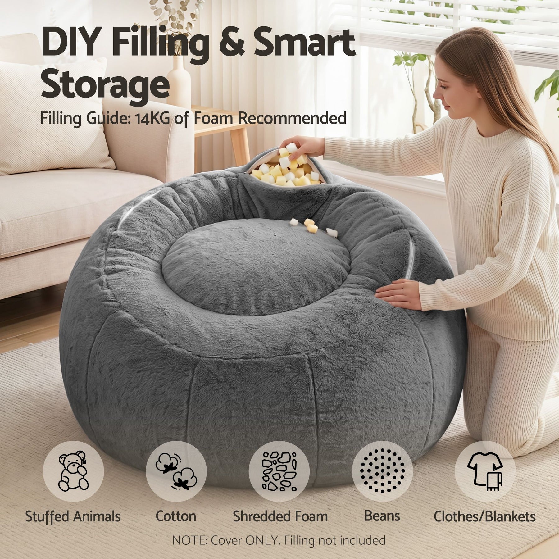 Artiss Faux Fur Round Bean Bag Chair Cover - Grey