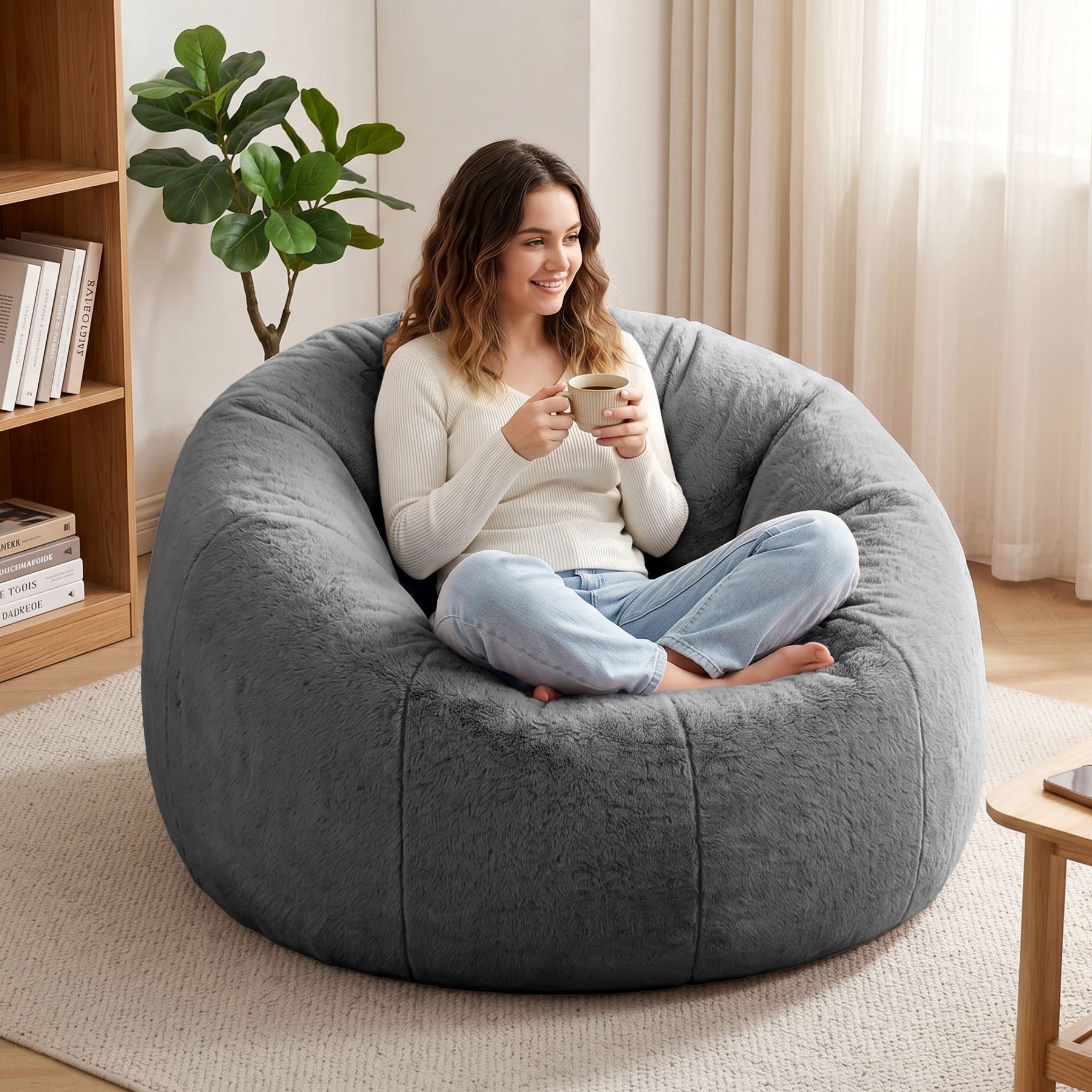 Artiss Faux Fur Round Bean Bag Chair Cover - Grey