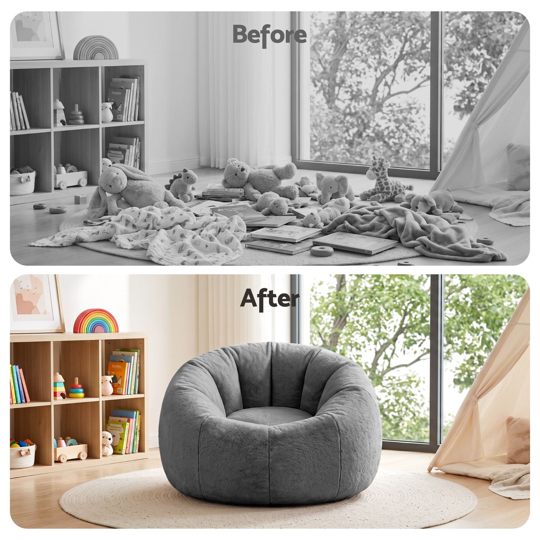 Artiss Faux Fur Round Bean Bag Chair Cover - Grey