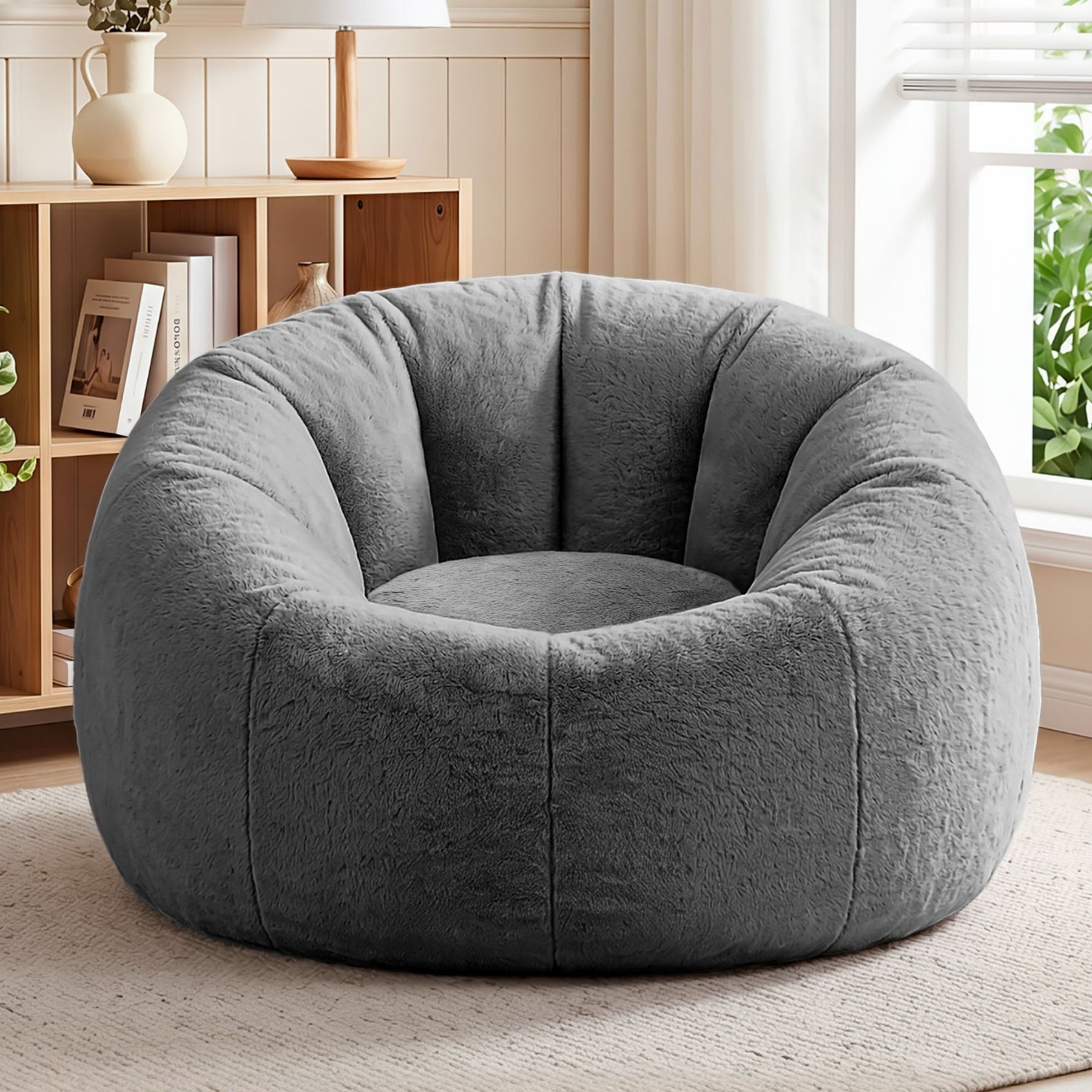 Artiss Faux Fur Round Bean Bag Chair Cover - Grey