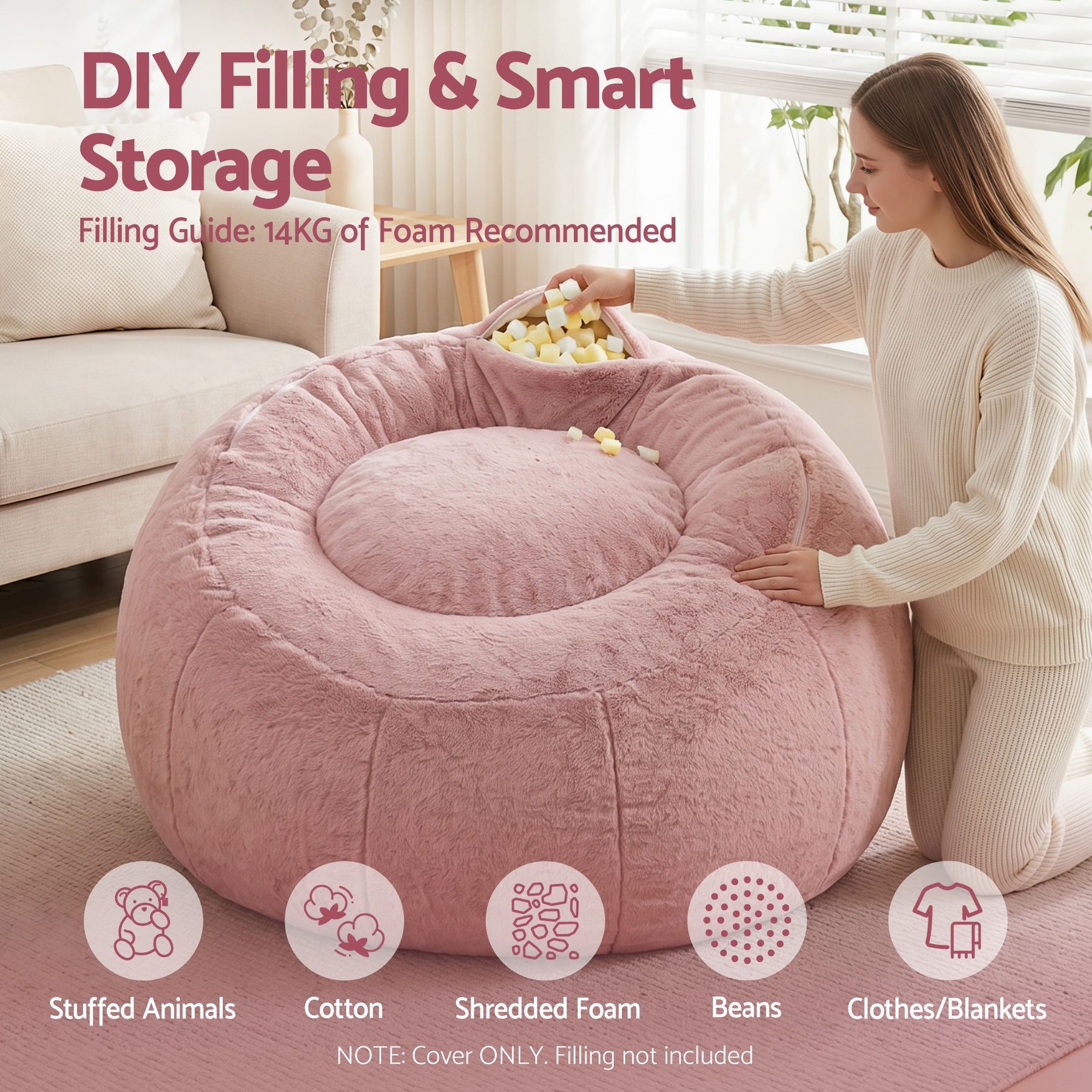Artiss Faux Fur Round Bean Bag Chair Cover - Pink