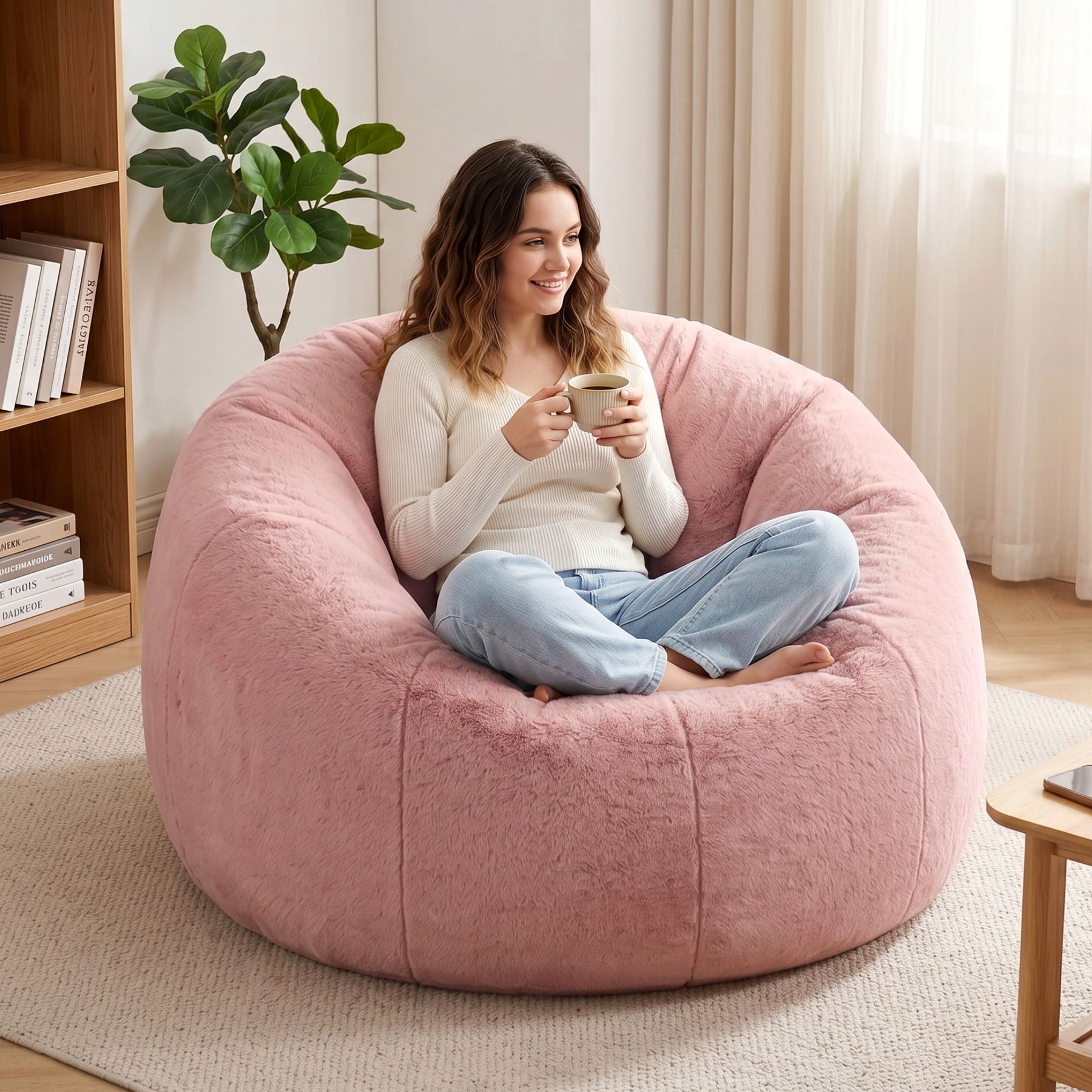 Artiss Faux Fur Round Bean Bag Chair Cover - Pink