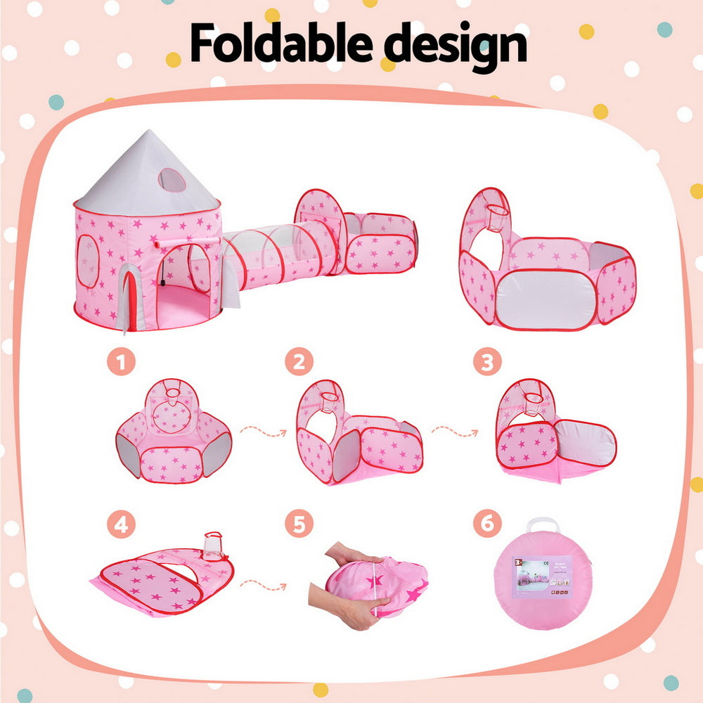 Keezi 3-in-1 Kids Playhouse with Tunnel and Basketball Hoop - Pink