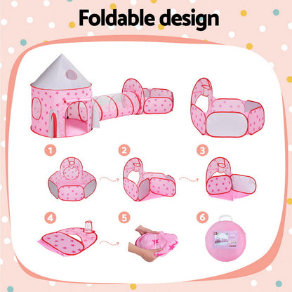 Keezi 3-in-1 Kids Playhouse with Tunnel and Basketball Hoop - Pink