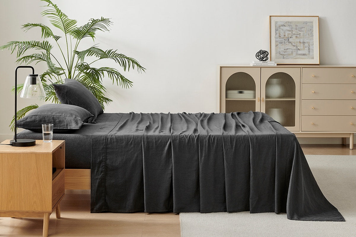 Brosa Washed Linen Cotton Bed Sheet Set (Charcoal, Double)