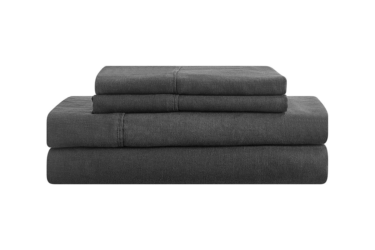 Brosa Washed Linen Cotton Bed Sheet Set (Charcoal, Double)