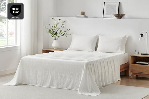 Brosa Washed Linen Cotton Bed Sheet Set (White, Double)