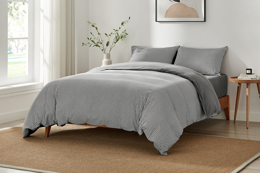 Brosa Stonewashed Cotton Reversible Striped Quilt Cover Set (Charcoal, King)