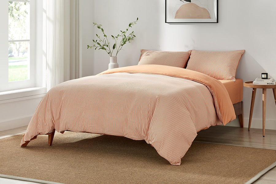Brosa Stonewashed Cotton Reversible Striped Quilt Cover Set (Terracotta, Queen)