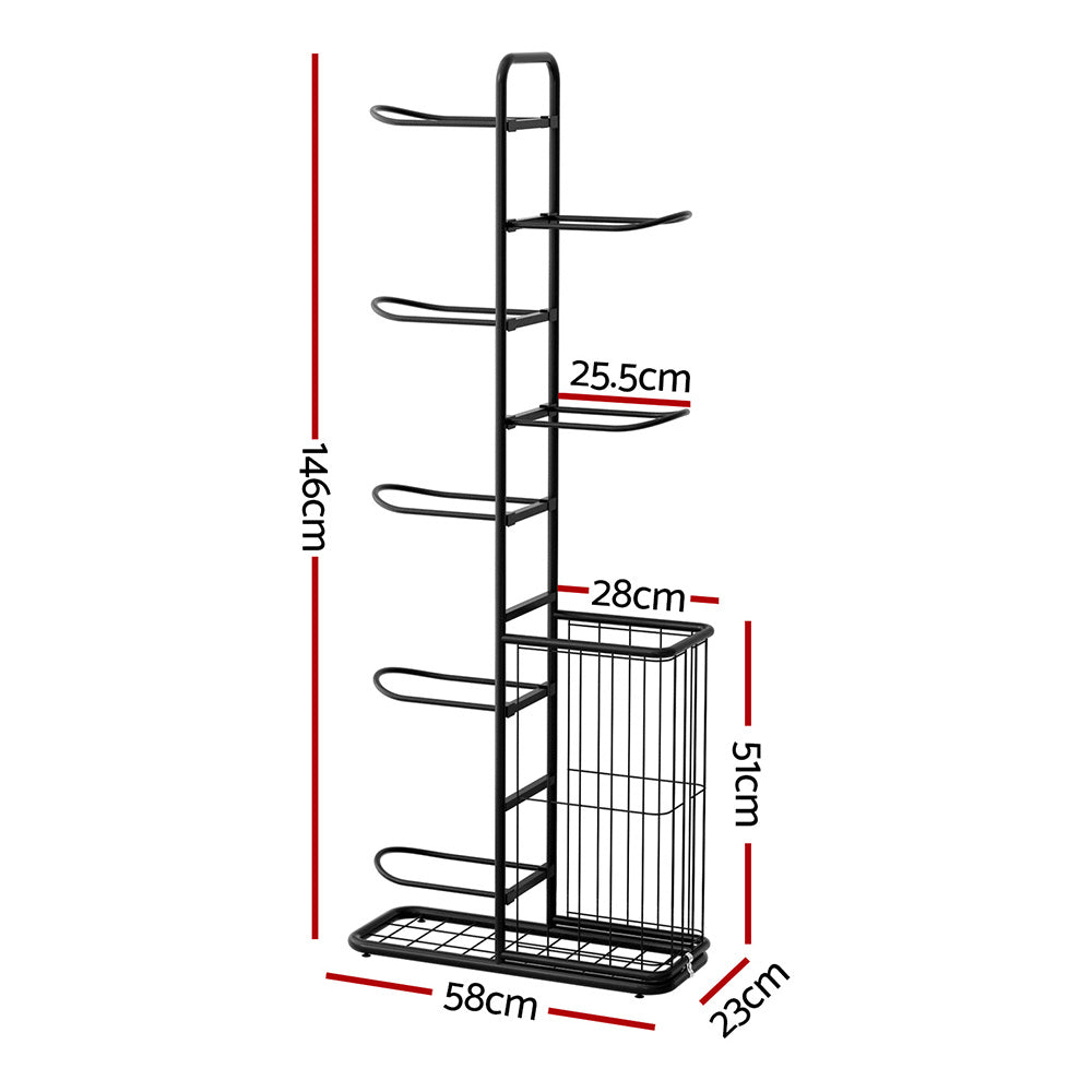 Everfit 7 Tier Ball Storage Rack Sports Equipment Organiser Black with Basket