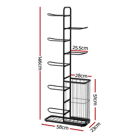 Everfit 7 Tier Ball Storage Rack Sports Equipment Organiser Black with Basket