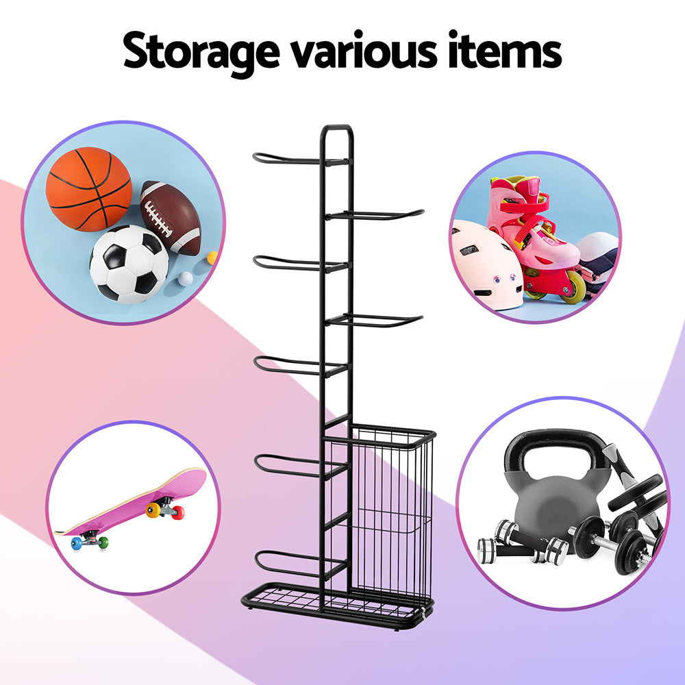 Everfit 7 Tier Ball Storage Rack Sports Equipment Organiser Black with Basket