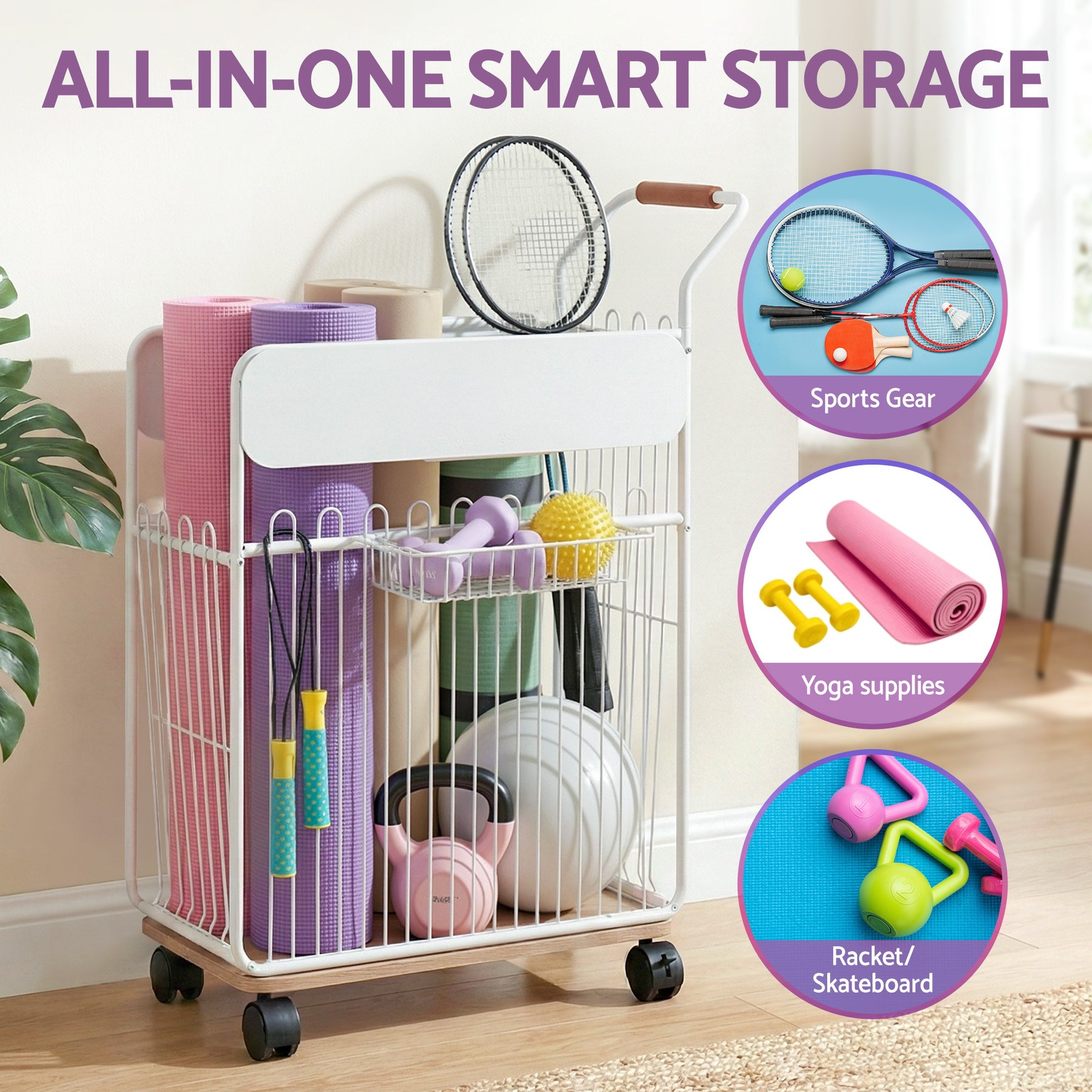 Everfit White Mobile Yoga Mat Storage Rack with Wheels