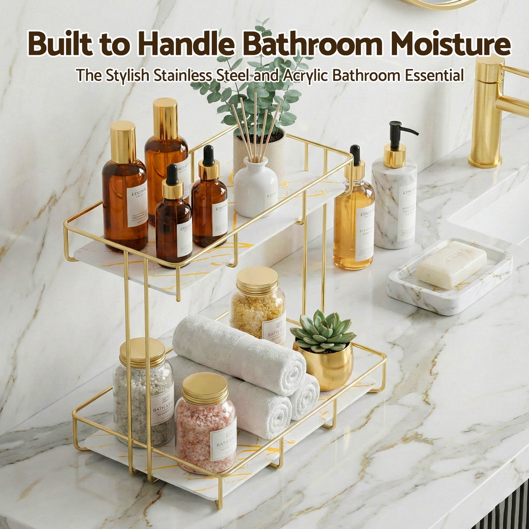 Artiss 2 Tier Gold Marble Look Corner Bathroom Storage Rack Organiser