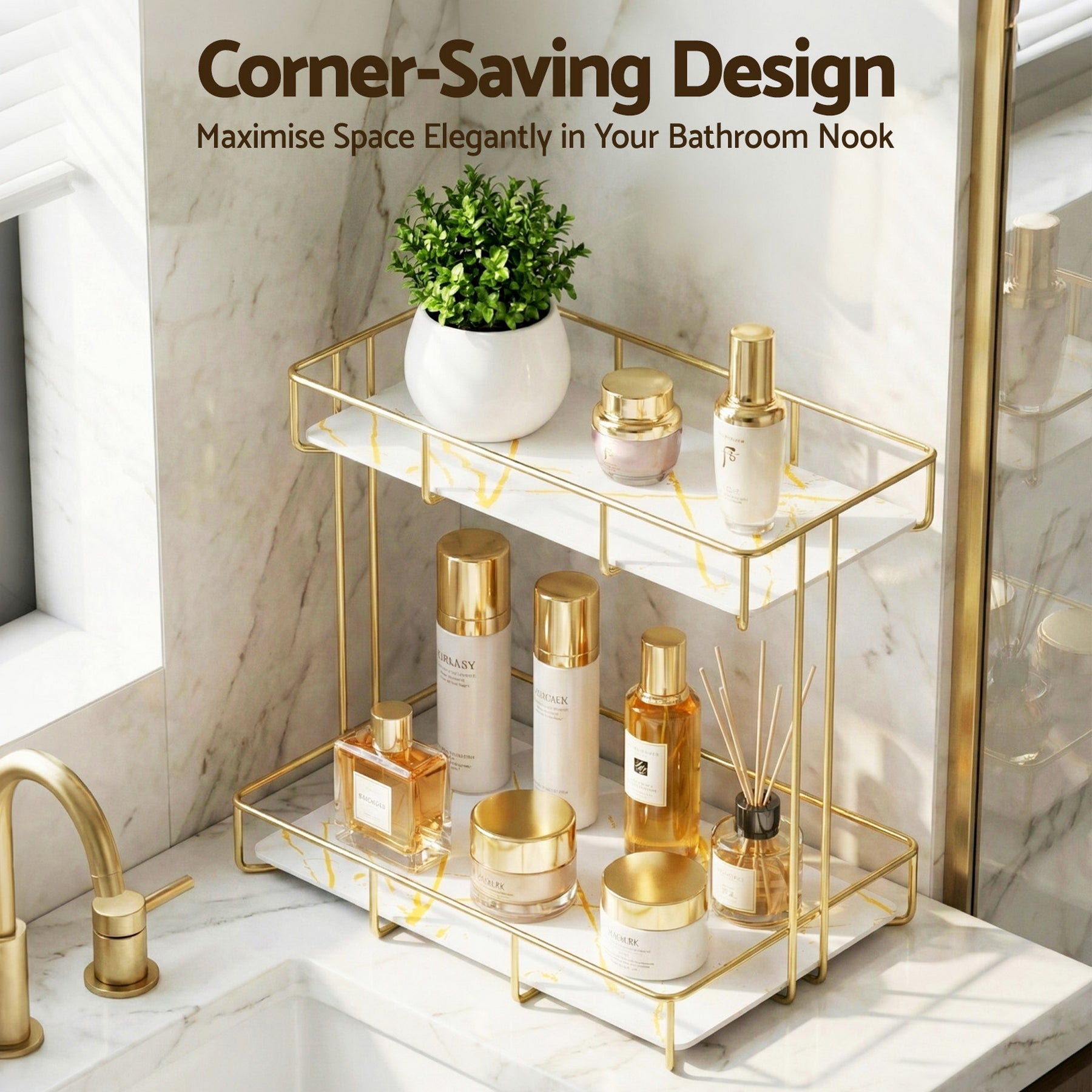 Artiss 2 Tier Gold Marble Look Corner Bathroom Storage Rack Organiser