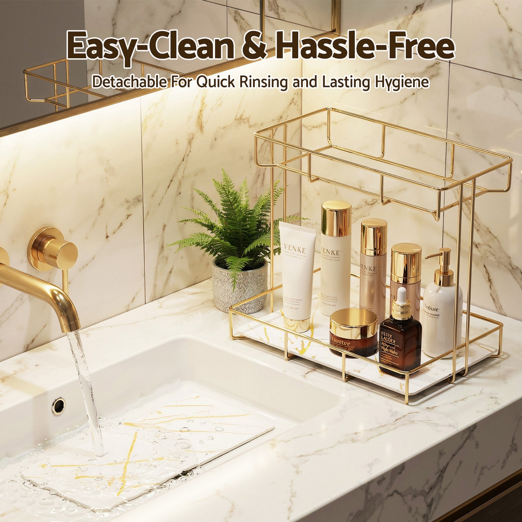 Artiss 2 Tier Gold Marble Look Corner Bathroom Storage Rack Organiser