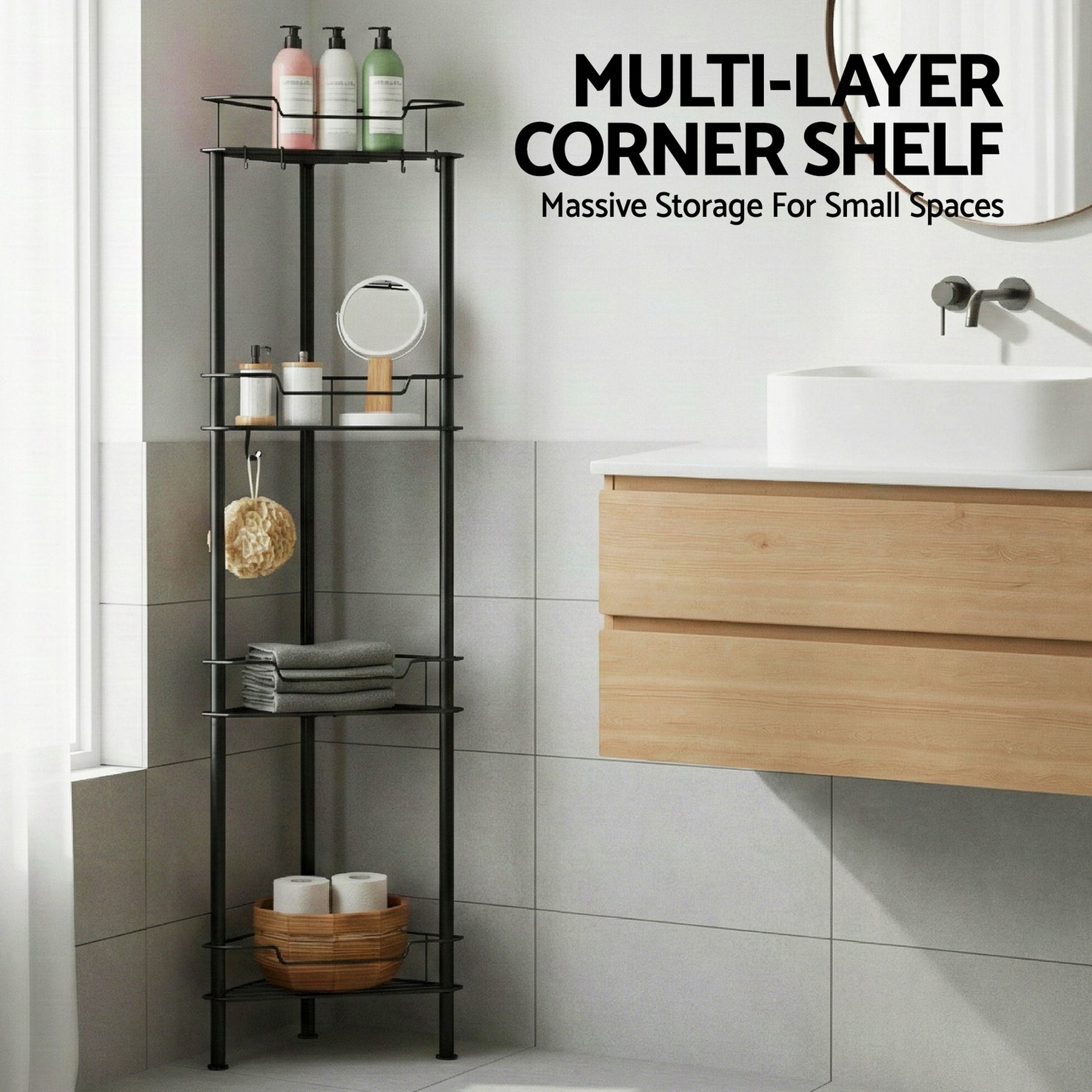 Artiss 4 Tier Black Floor Standing Corner Shower Caddy Bathroom Organiser