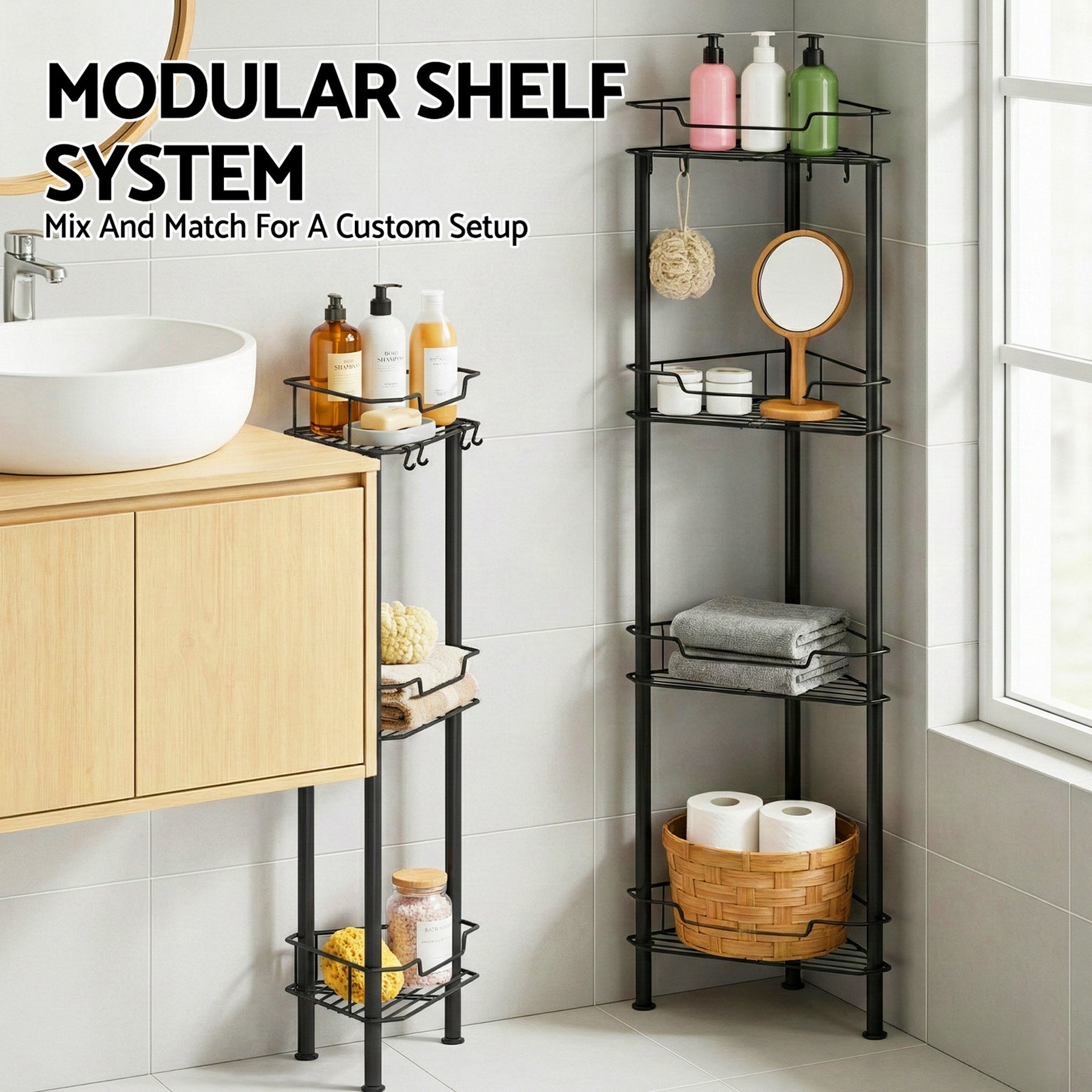Artiss 4 Tier Black Floor Standing Corner Shower Caddy Bathroom Organiser