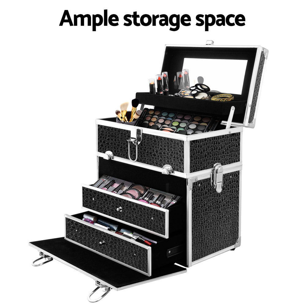 Embellir Portable Cosmetic Beauty Makeup Carry Case with Mirror - Crocodile Black - SuperSaverAU - view 5