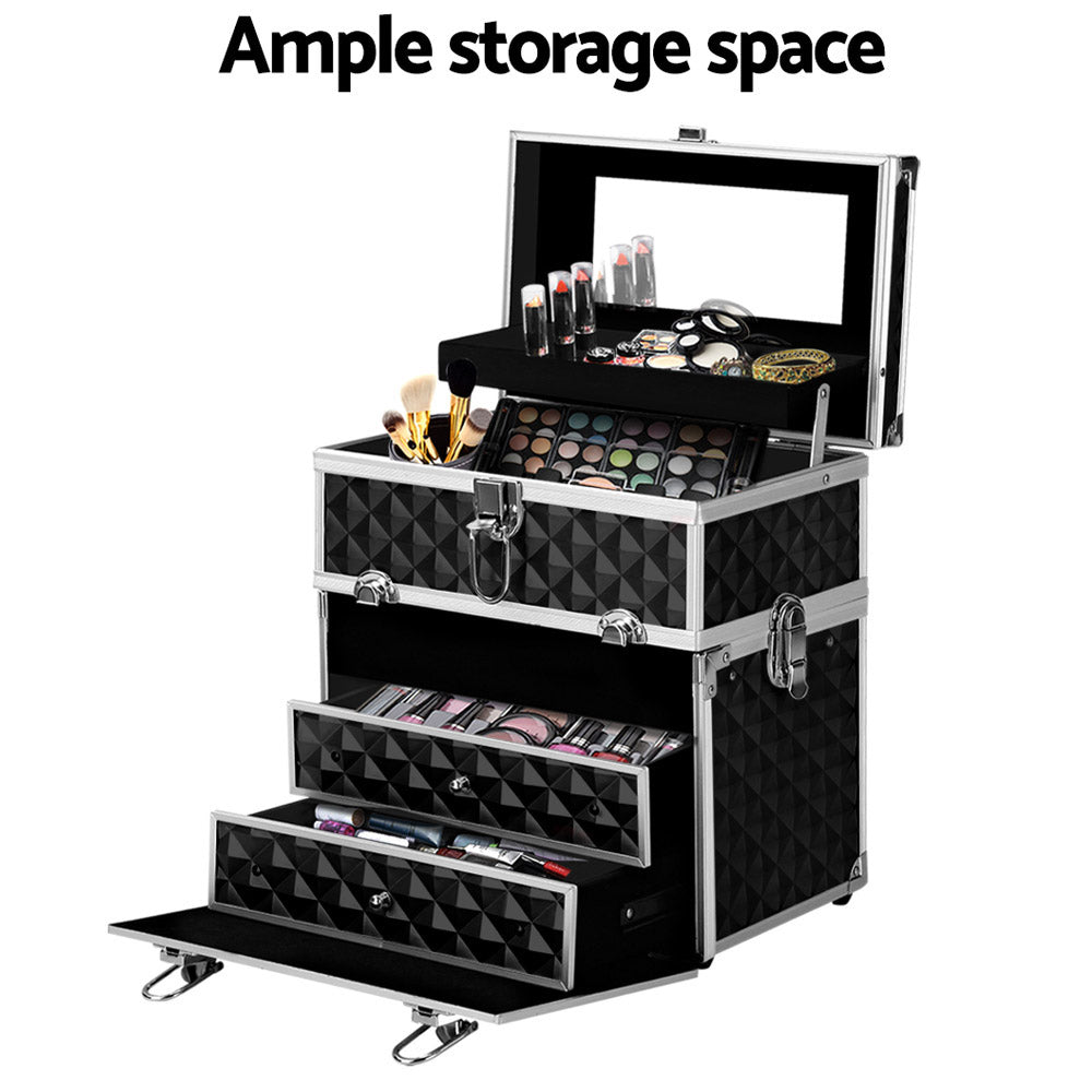 Embellir Portable Cosmetic Beauty Makeup Carry Case with Mirror - Diamond Black - SuperSaverAU - view 4