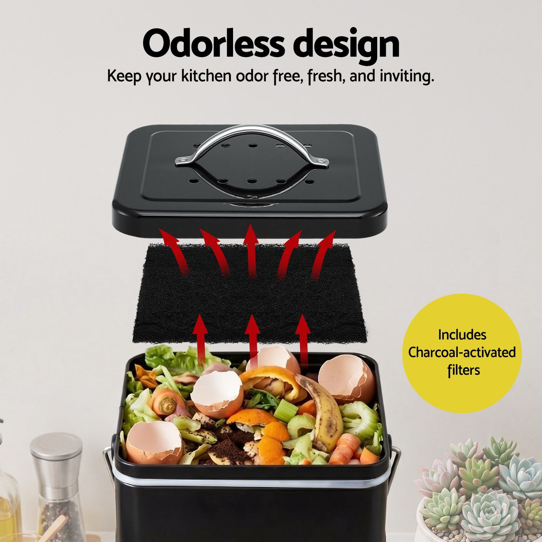 Gardeon 5L Kitchen Compost Bin – Black Galvanised Iron Countertop Caddy with Ventilated Lid