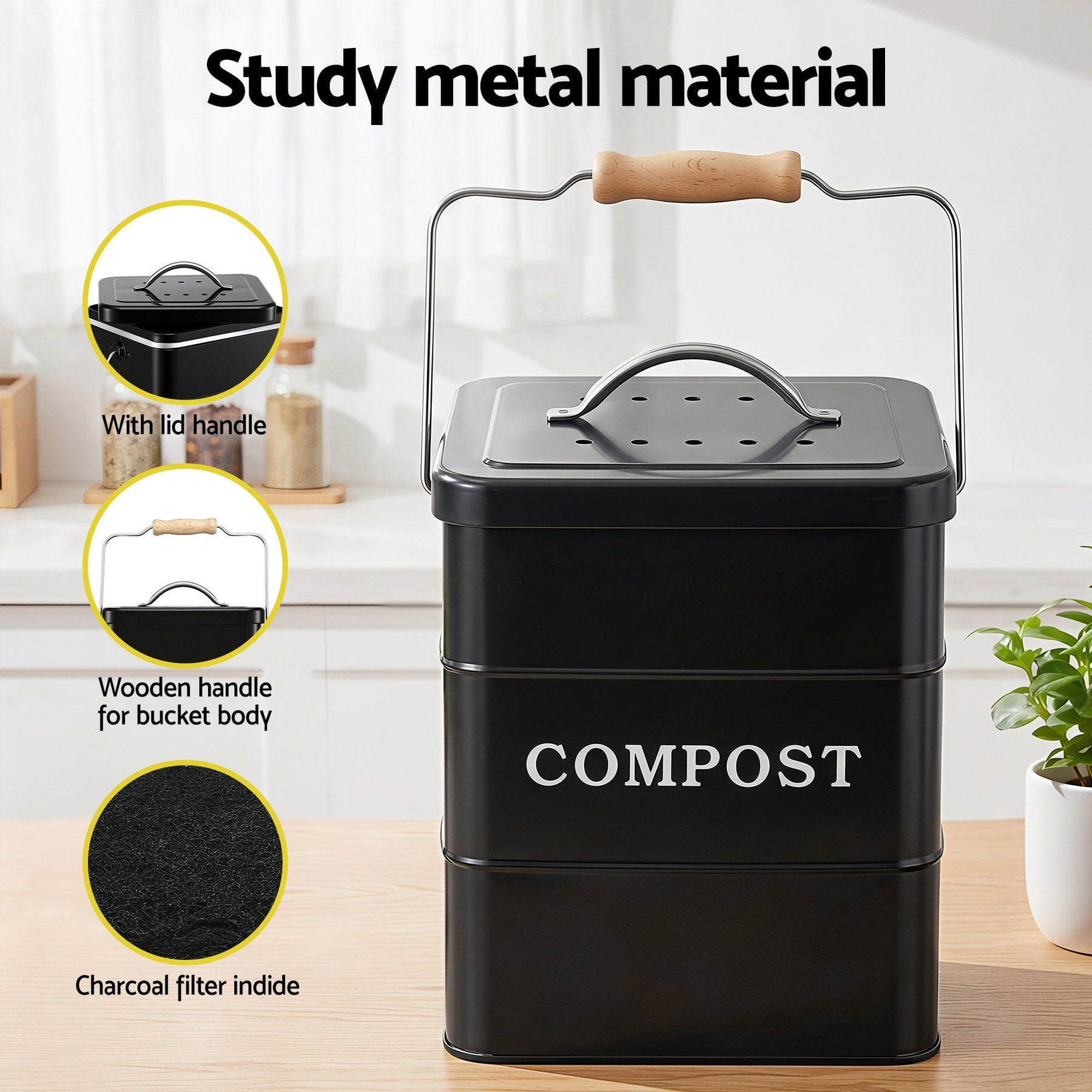 Gardeon 5L Kitchen Compost Bin – Black Galvanised Iron Countertop Caddy with Ventilated Lid